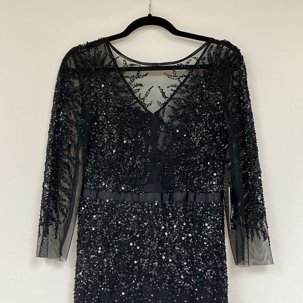 Adrianna Papell 3/4 sleeves beaded illusion sleeve long gown - Picture 11 of 14